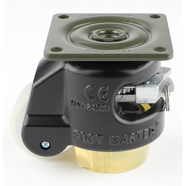 Leveling Caster, Ratchet, 50 mm PU Wheel, 73x73 mm Plate, Swivel, 250 kg Cap, PU Foot Pad, Black